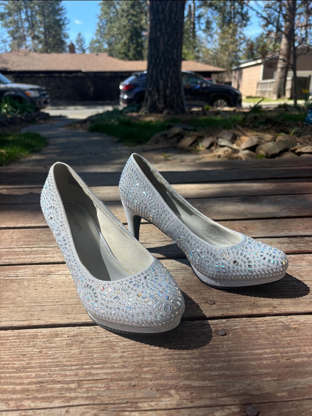 Crystal-Embellished Silver Wide Width Women's Heels